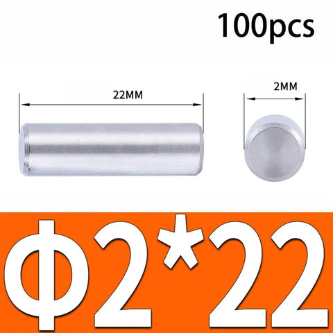 M2 304 Stainless Steel Cylindrical Dowel Pins, 100 Pack, Solid Round Locating Pins For Precision Alignment And Fixing, 2x22 Mm Size