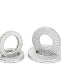 Heavy-Duty Double Layer Self-Locking Belleville Washers For Irreversible Friction And Rock-Solid Bolts, Anti-Loosening, Vibration-Resistant Fasteners For Automotive, Industrial Machinery, Construction Equipment, Stainless Steel Or Dacromet Coated. Double-layer stainless steel washers shown stacked on white background.