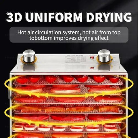 Heavy Duty Food Dehydrator Loaded With 12 Spacious Trays And Quick Temperature Control showing 3D uniform drying with hot air circulation.
