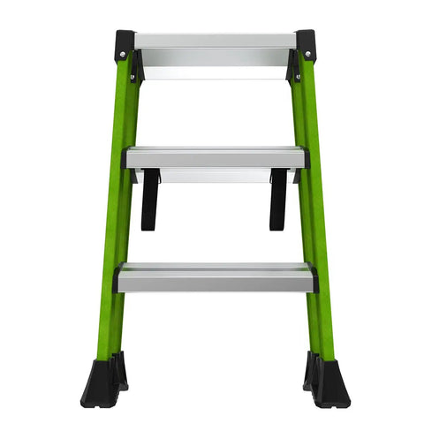 Sure Step 3 Step Double Sided Fiberglass Ladder Workhorse with wide top platform and slip resistant feet, front view.