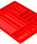 Front view of a red 10 Compartment Drawer Organizer Tray For Tools Small Parts Batteries And Supplies, Stackable Workbench And Toolbox Organizer, 16 By 11 By 1.5 Inches, Red OT10R Made In The USA