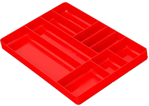 Front view of a red 10 Compartment Drawer Organizer Tray For Tools Small Parts Batteries And Supplies, Stackable Workbench And Toolbox Organizer, 16 By 11 By 1.5 Inches, Red OT10R Made In The USA