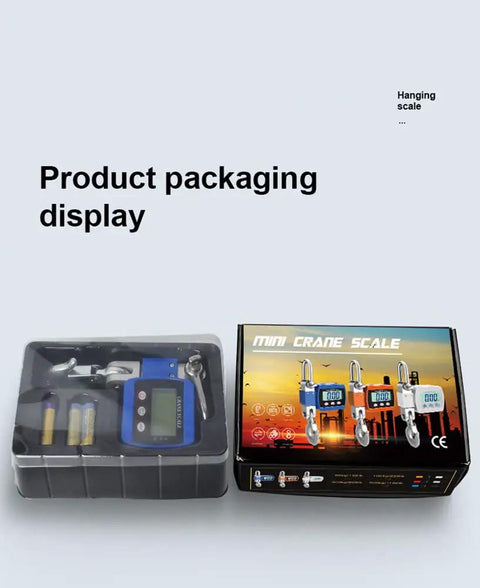 Heavy Duty Digital Crane Scale Offering 1100 Lbs Capacity Hanging Weight Tester packaging with digital readout and accessories.