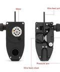 Compact DC 24V 15W MIG Welder Wire Feeder Kit components with motor, wire feed port, pressure arm, and wire feed wheel.