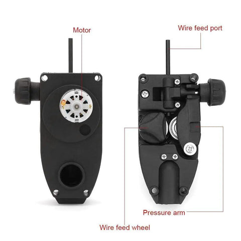 Compact DC 24V 15W MIG Welder Wire Feeder Kit components with motor, wire feed port, pressure arm, and wire feed wheel.