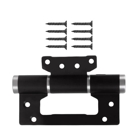 Automatic Door Closing Hinge With Quiet Hydraulic Buffer shown with screws, black aluminum design for easy install on most doors.