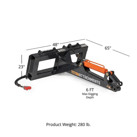 Fronthoe Excavator Attachment For Skid Steer, 6 Ft Reach, 3000 PSI Hydraulic Cylinder, shown with dimensions and branding