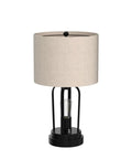 Industrial Farmhouse Table Lamps Duo With Night Light And USB Charging, Linen Drum Shade, Matte Black Metal Base