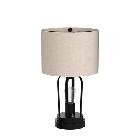 Industrial Farmhouse Table Lamps Duo With Night Light And USB Charging, Linen Drum Shade, Matte Black Metal Base