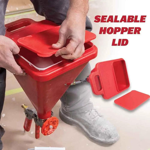No Nonsense Hopper Gun And Texture Sprayer Built To Crush Thick Drywall Mud Smoothly with sealable red hopper lid being handled.