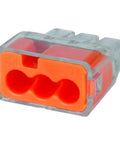 Built Tough Push In Wire Connectors With Three Access Ports, No Sweat Setup, Clear Shell Visuals For Fast Checks, Orange Electrical Wire Caps For Quick Grounding Bonds And Secure Terminal Holds Pack Of Five Thousand, close-up view.