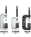 Astro Tools ball joint service clamps: Goliath XL, Standard, and Goliath, C-clamp style with threaded screw.