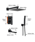 Shower Faucet System, 10-Inch Rain Head, 2-in-1 Handheld, Matte Black dimensions with measurements displayed for easy reference.