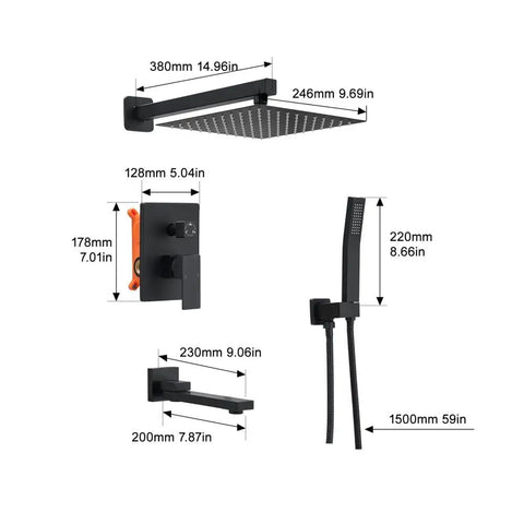 Shower Faucet System, 10-Inch Rain Head, 2-in-1 Handheld, Matte Black dimensions with measurements displayed for easy reference.