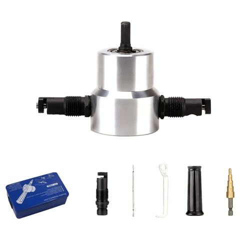 Double Head Metal Nibbler Cutter For Drill with accessories, ideal for sheet metal and metal plates. Heavy duty, easy setup, clean cuts.