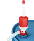 Heavy Duty Manual Drum Siphon Pump Works Like A Charm With Forty Eight Inch Flexible Hose on a blue barrel.