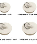 Four Piece Bath Tub And Sink Drain Stoppers Set with hanging ring, flexible rubber plugs in 7/8 to 1-3/4 inch sizes shown.