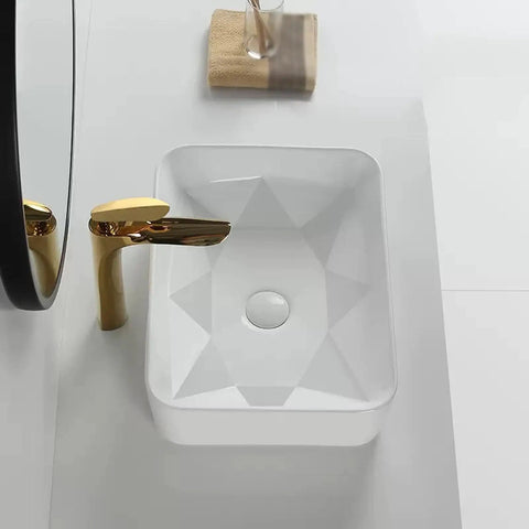 USZWBY Bathroom Vessel Sink Bathroom Vessel Sink, Geometry Artistic White Ceramic Sink Bowl with golden faucet.