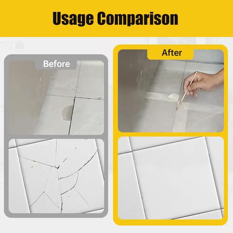 Usage comparison of Fast Drying Tile Repair Glue Kit For Cracks And Chips, showing before and after repair results on tiles.
