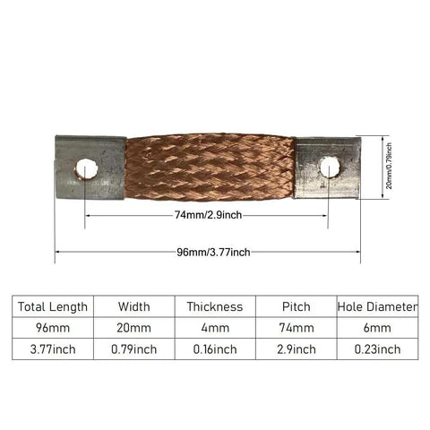 Heavy Duty Flexible Copper Braided Bus Bar For Diy LifePo4 Battery Packs, 96mm length, 6mm hole diameter, low resistance.