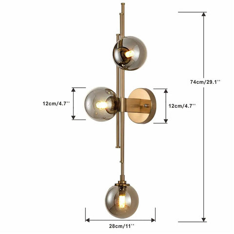 Mid Century Modern Indoor 3 Light Globe Wall Sconce With Smoke Gray Glass Shade And Brushed Brass Finish Vertical Vanity Lamp