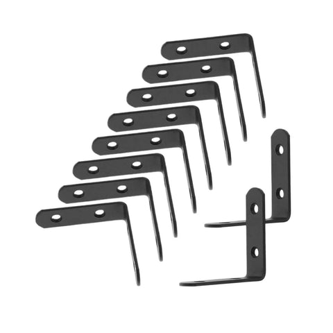 Heavy Duty L Shaped Stainless Steel Corner Brackets 12 Pack, sturdy black brackets with holes for secure mounting.