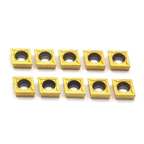 Ten square CCMT09T304 carbide turning inserts, multilayer coated for CNC lathe, visible from top with thru holes, for tool holders.
