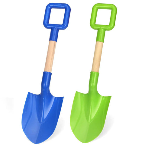 Beast Beach Sand Shovels For Kids And Adults, 16 Inch Wooden-Handled Spades, Durable Plastic Digging Tools in Blue and Green