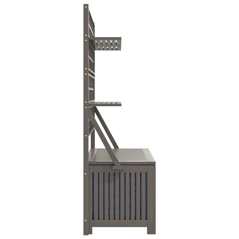 Side view of Badass Acacia Wood Outdoor Storage Chest With Built In Garden Trellis And Four Deep Compartments For Yard Gear Plus Patio Deck Essentials Tough As Nails Grey Wash Finish.