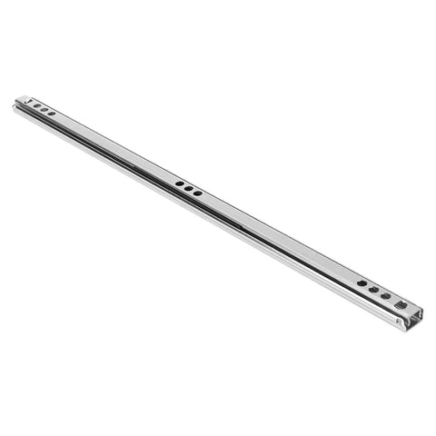 Heavy duty steel ball bearing drawer slide for tool cabinets shown in a single fully extended position.