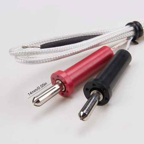Two K-type thermocouple temperature sensors with red and black handles, white braided leads, metal probes and mini connectors.