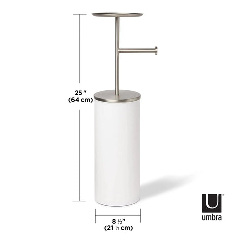 Portaloo Toilet Paper Stand And Reserve With Built In Tray In White Nickel Finish Slick Chrome Accents Space Saving Bathroom Organizer For Toilet Paper Phone Keys And More dimensions shown