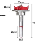 Front view of Amazon hinge hole opener drill bit with red-tipped cutter, 8mm shank for woodworking tools