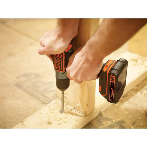 Person using 20V Max PowerConnect cordless drill driver with Autosense Technology on wooden beam