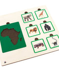 Continents And Animals Sorting Tiles Set For Kids 3-9: Africa board with animal tiles, wooden geography and wildlife game