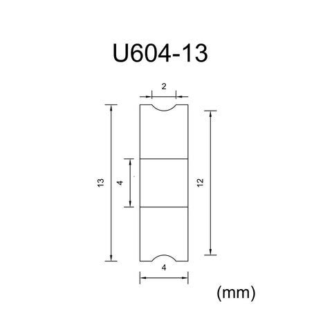 U Shaped Extruder Bearing 4x13x4mm U60413 For 3D Printer technical drawing with dimensions and U604-13 marking