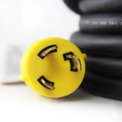Yellow plug tip of Beefy Locking Generator Power Cord NEMA L6-30P To L6-30R 3x10 Gauge SJOOW Rubber Cable 25 Ft, close-up view