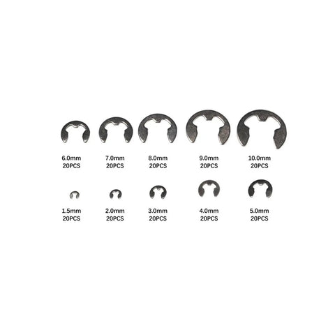 Pro Grade E Clip Kit With 200 To 550 Pieces, Stainless Steel E-Type Retaining Rings, sizes 1.5mm to 10mm, arranged in rows