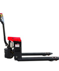 Heavy Duty Full Electric Pallet Jack With 3300 Lbs Capacity And 6 Hour Battery Life side view showcasing ergonomic handle and PU wheels.