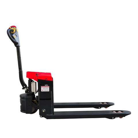 Heavy Duty Full Electric Pallet Jack With 3300 Lbs Capacity And 6 Hour Battery Life side view showcasing ergonomic handle and PU wheels.