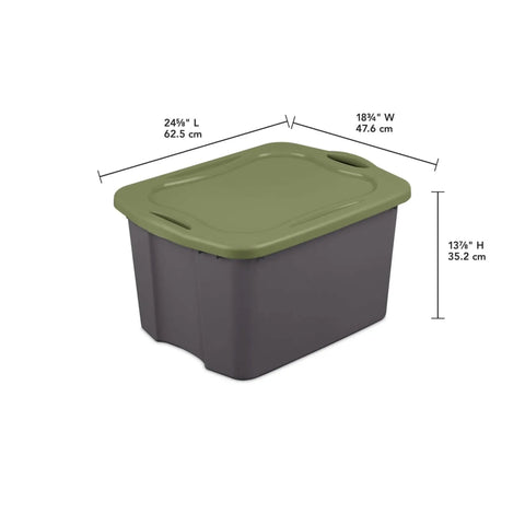 Roomy 17.5 Gallon Plastic Storage Bin With Secure Stackable Lid And Opaque Base, Full Grip Handles, dimensions shown.