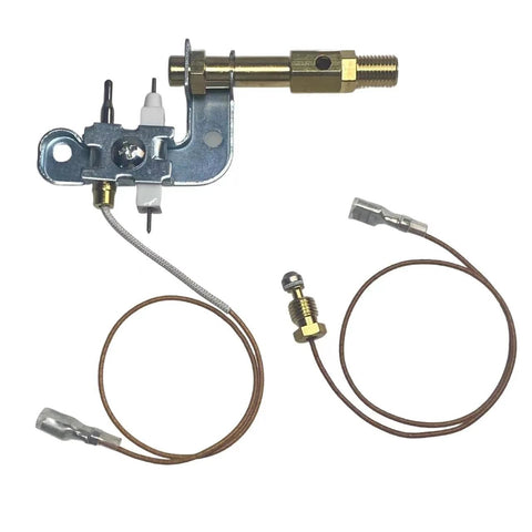 Pilot assembly kit for portable propane heater; brass valve, mounting bracket, and two ignition cables