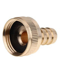 Copper Hose Barb X 1/2 Barb To 3/4 FHT Female Repair Connector, garden hose fitting, close-up of durable copper construction, side view.