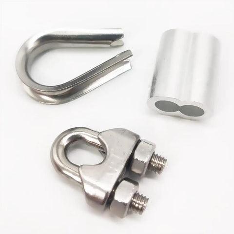 Heavy Duty Wire Rope Hardware Set With Thimble And Aluminum Crimp Loop For 3/16 Inch Cable Includes M4 Clamps 304 Stainless Steel Kit