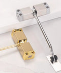 Self Closing Door Closer Automatic With Simple Installation Built From Aluminum Alloy And Cold Rolled Steel Construction For Quiet Smooth Close And Durable Performance Ideal For Home Office School And Dormitory Use, showing silver and gold units with installation hardware