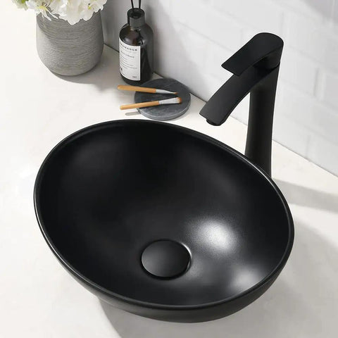 Round Vessel Bathroom Sink With Black Faucet And Pop Up Drain White Porcelain Ceramic Above Counter Vanity Set 16x16 Inch Clean Modern Look