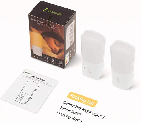 Dimmable LED Plug In Night Light With 5 To 80 Lumens Brightness And Dusk To Dawn Sensor, 2 pack with box and instructions