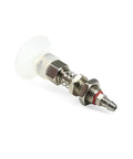 Heavy Duty Micro Vacuum Pump Suction Cup Kit For Industrial Robotics Badass Pneumatic Accessory With Serious Automatic Suction Straight Up Professional Replacement Part 50Mm showing a side view with stainless steel components and a clear suction cup.
