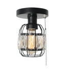 Crystal Cage Flush Mount Ceiling Light with Adjustable Pull Chain Dope Industrial Black Metal Round Edison E26 3 Light Fixture Close To Ceiling Modern Ceiling Light featuring a crystal accent and metal cage.