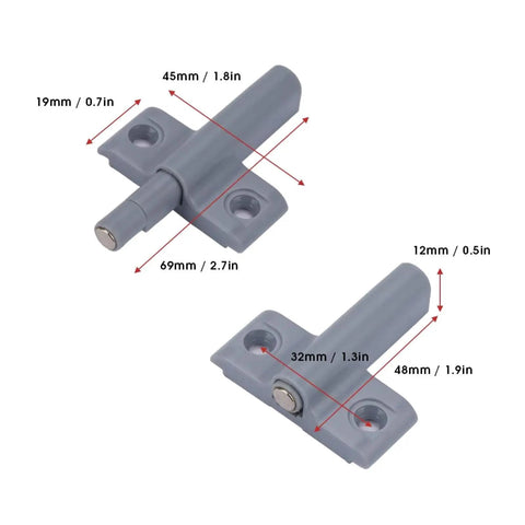 Ten Pack Silent Push Open Cabinet Door Catches With Sticky Bumpers To Keep Kitchen Cupboards Wardrobes And Drawers Closed Without Noise Or Hardware Damage For A Super Clean Modern Look, gray ABS latches with dimensions.